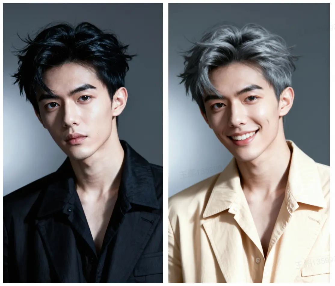 prompt：頭髮顏色變成灰色，衣服顏色變成米色，面帶微笑