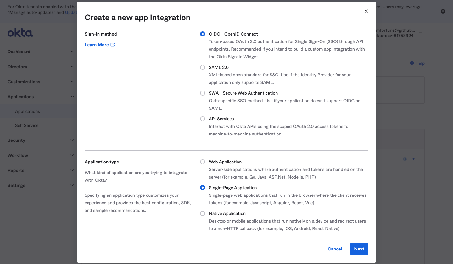 Creating a SPA in Okta