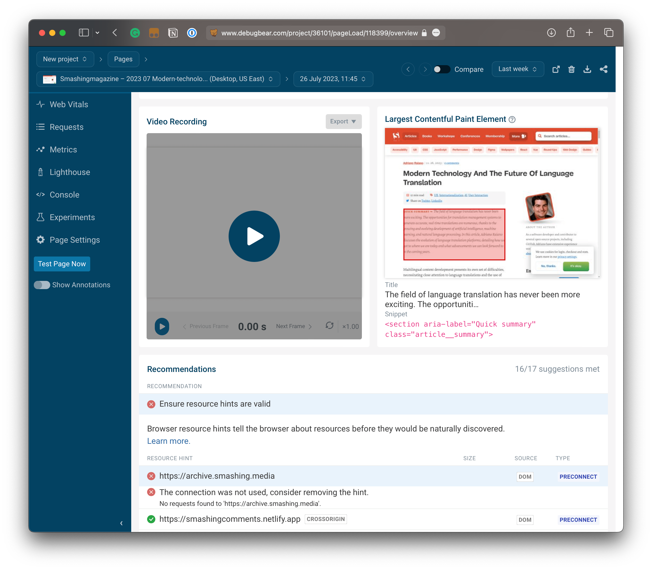 Filmstrip and video of page rendering.