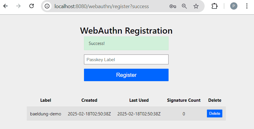 Passkey registration success