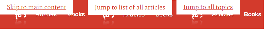 Smashing Magazine’s skip links. In order of appearance: Skip to main content, Jump to list of all articles, and Jump to all topics
