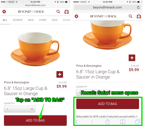 Left, the area highlighted in blue will cause the Safari navigation bar to open. Right, the result of clicking the highlighted area.