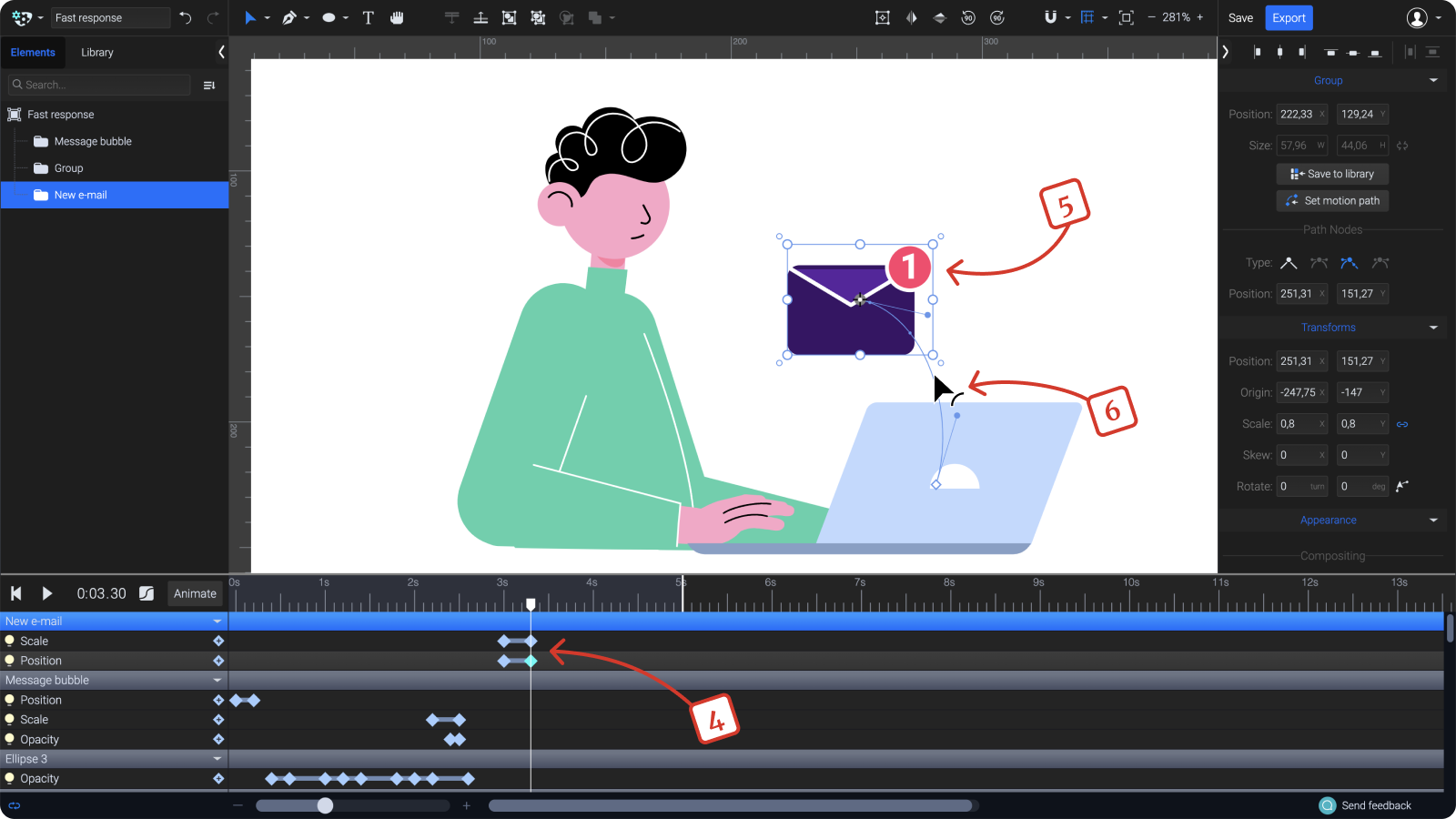 A screenshot showing steps how to animate the new email group.