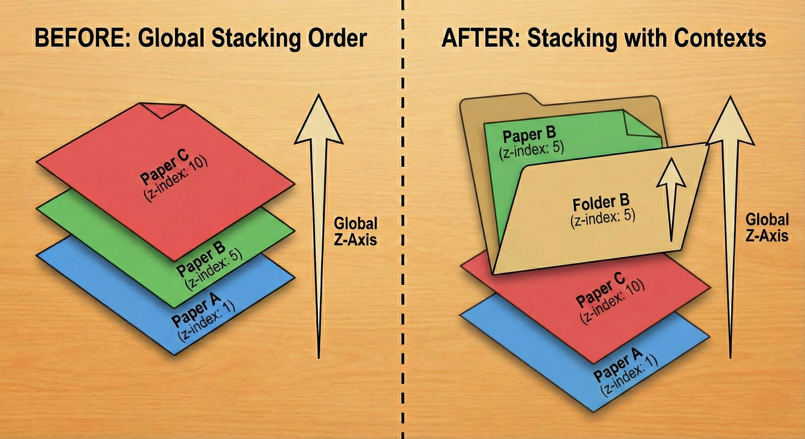 Before (global stacking order) and after (stacking context order)