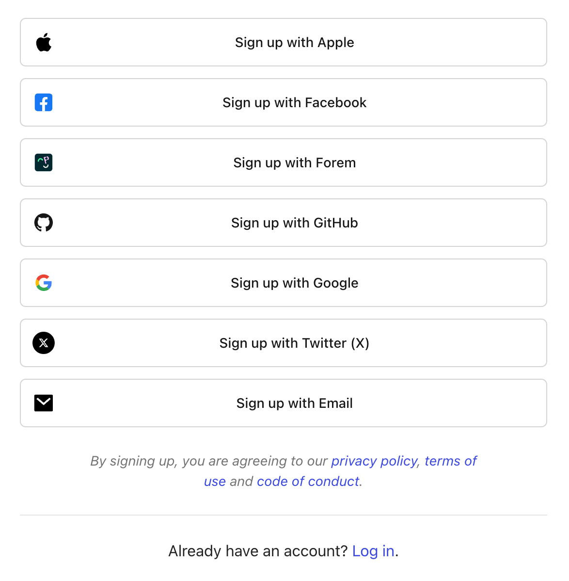 A list of various login options