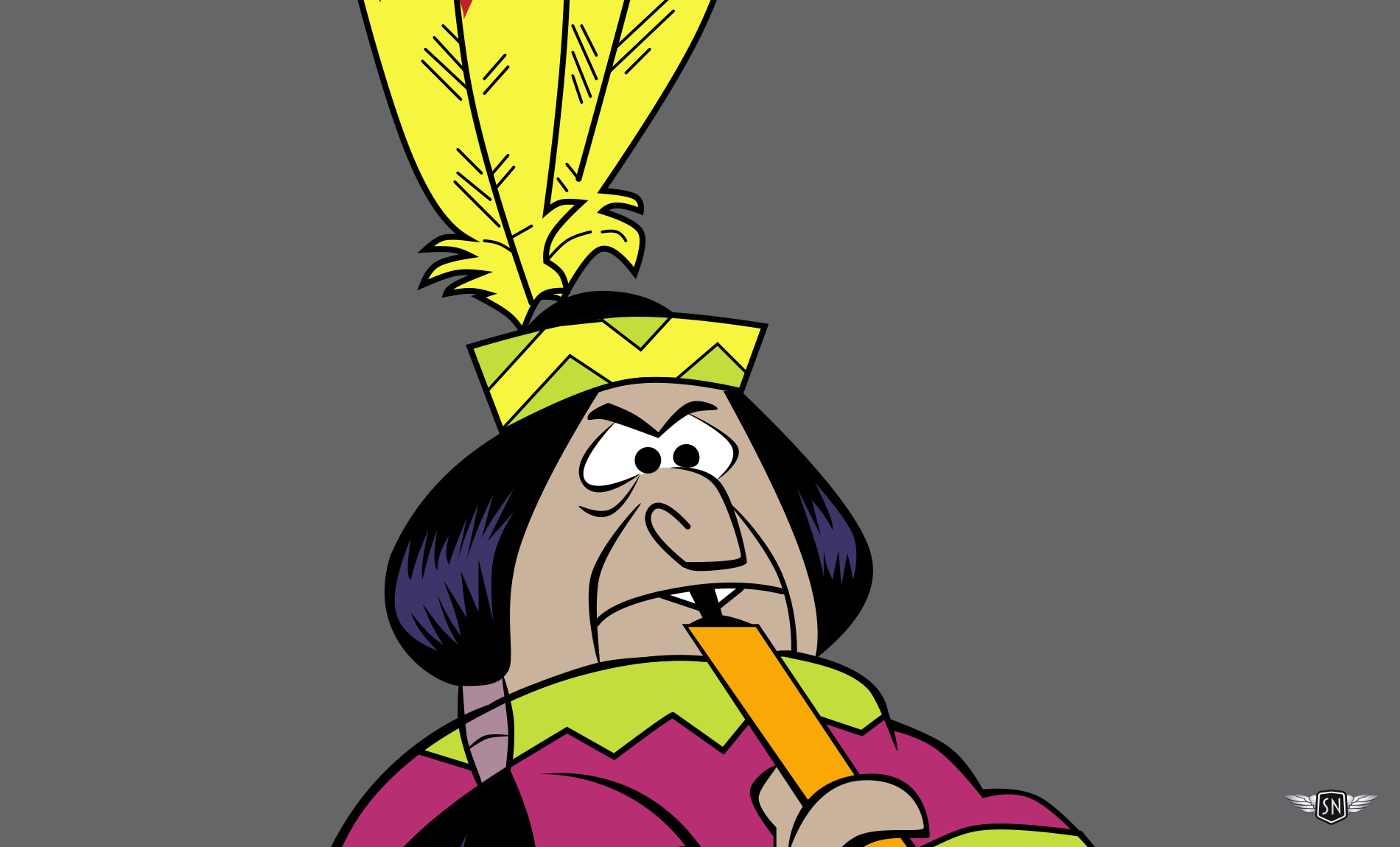 Closeup of the illustrated chief’s head and face.