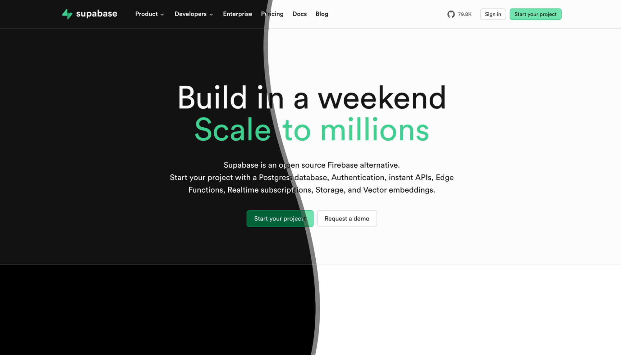 Screenshot of Supabase website showing half in a dark theme with a dark grey background and half in a light theme with an off-white background