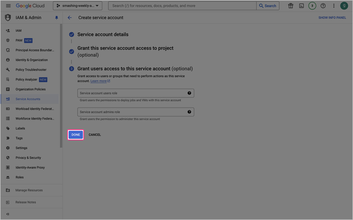 Google Cloud console with the highlighted button Done in Service Accounts