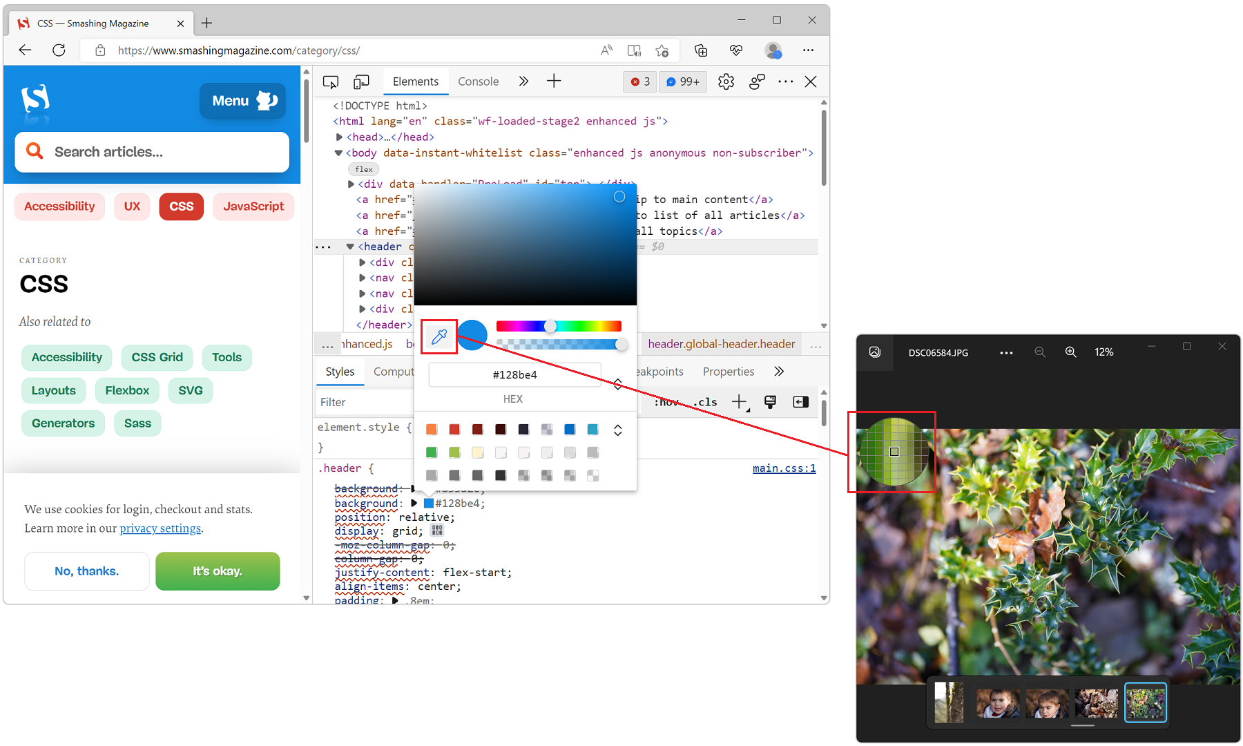 The color picker in Edge DevTools, showing that the eyedropper tool was selected, and that it is possible to sample a color from outside of the browser, including in other app windows