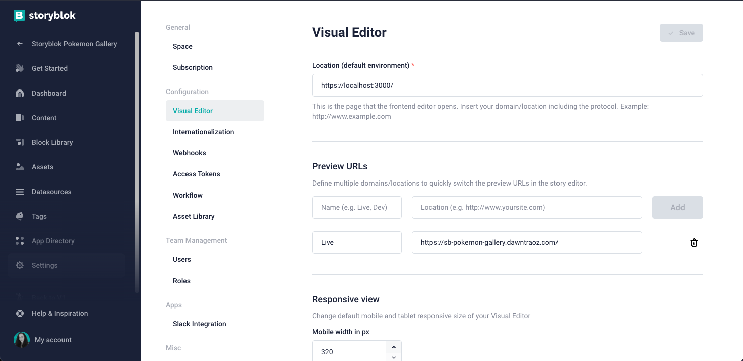 Screenshot default environment preview URL in the Storyblok Space