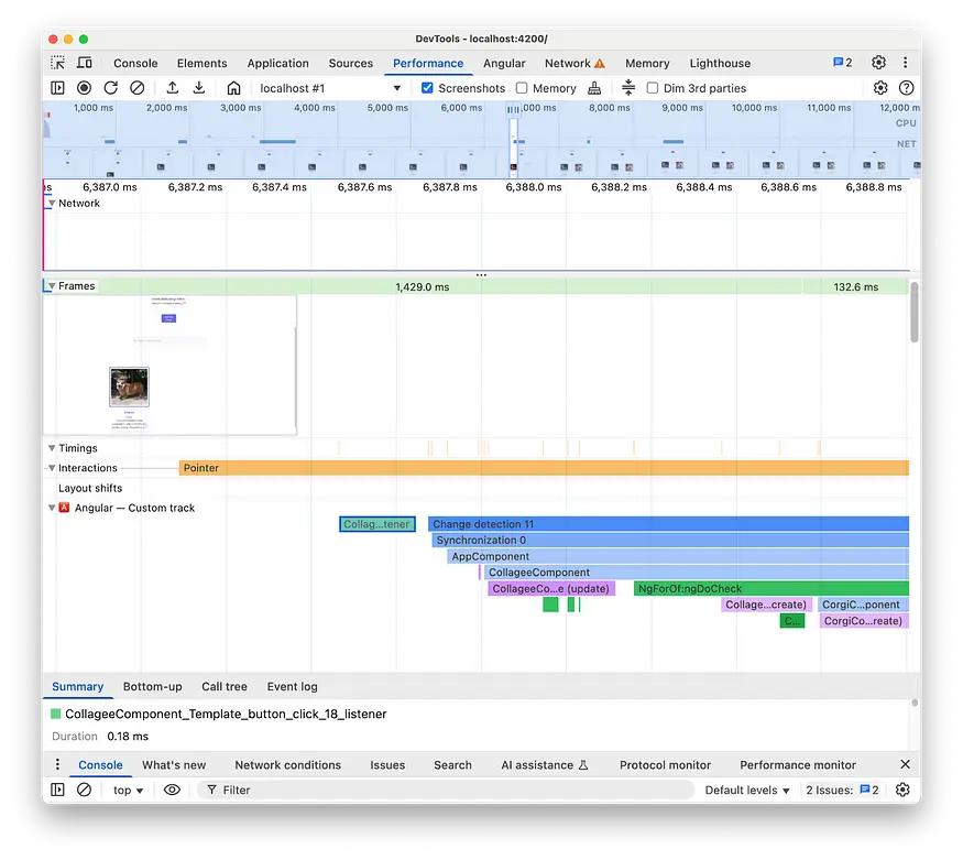 Screenshot of Chrome DevTools. The image shows the “Performance” tab in which there’s an Angular-specific information, such as, how long did it take to create a particular component and how long we spent in change detection.
