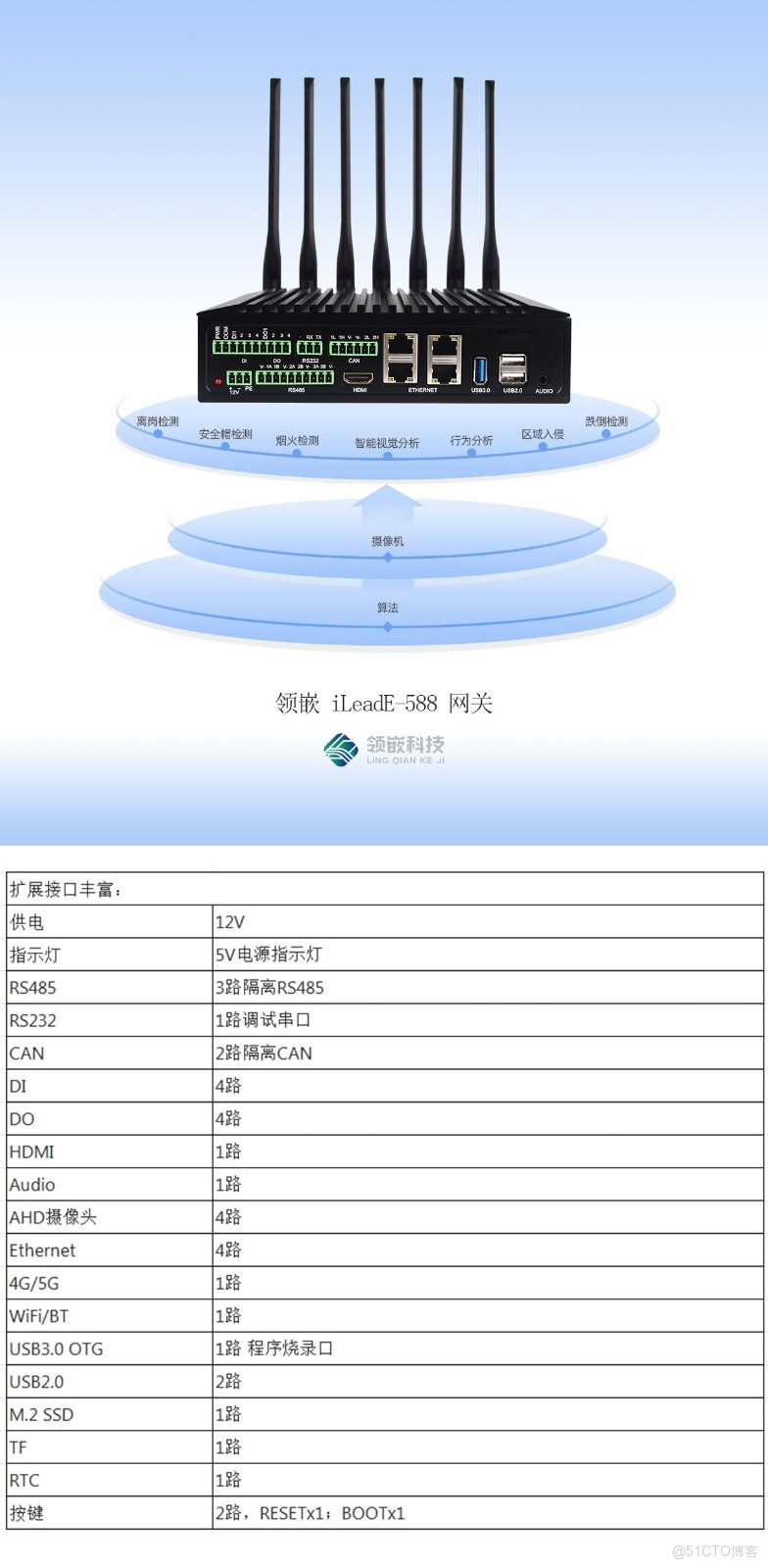 領嵌iLeadE-588邊緣計算網關設備支持4路攝像頭4路網口支持RS485/CAN_級聯_02