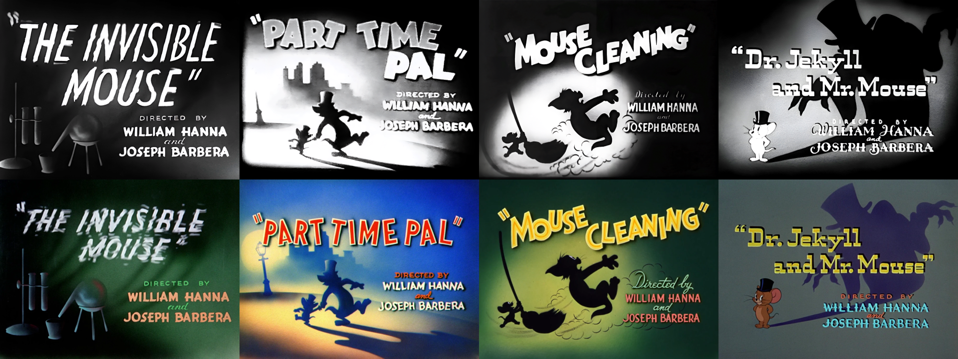 Top: William Hanna and Joseph Barbera’s 1940s Tom & Jerry title cards. Bottom: Colour versions released in 1957. © Warner Bros. Entertainment Inc.