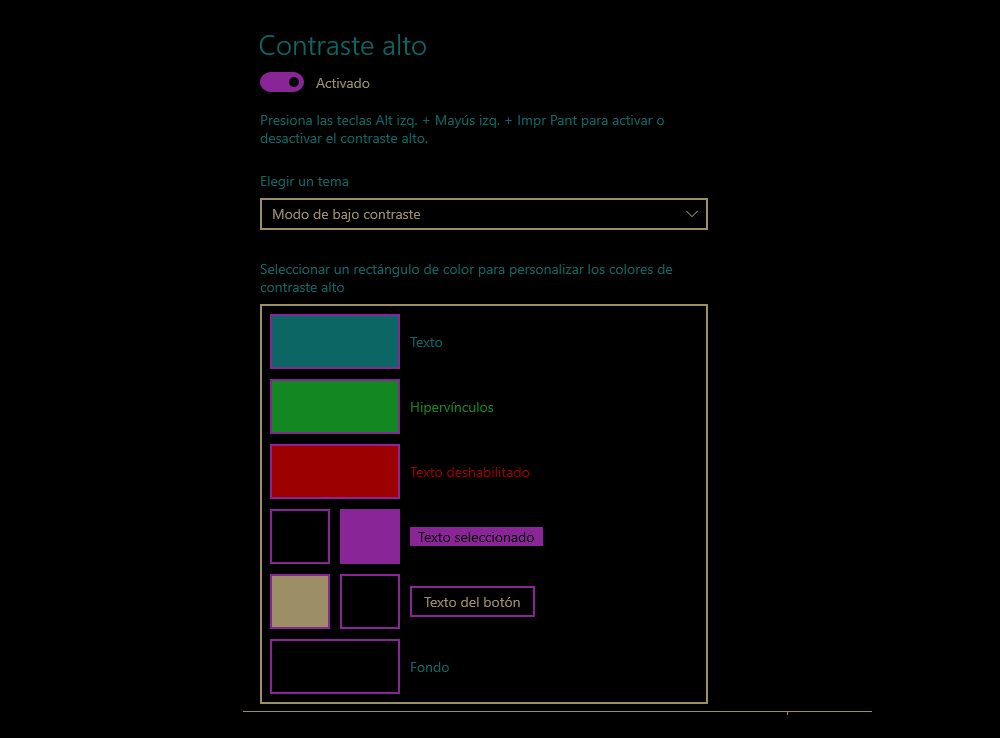 Screenshot of High Contrast Mode’s window with a chosen color that has a lower contrast