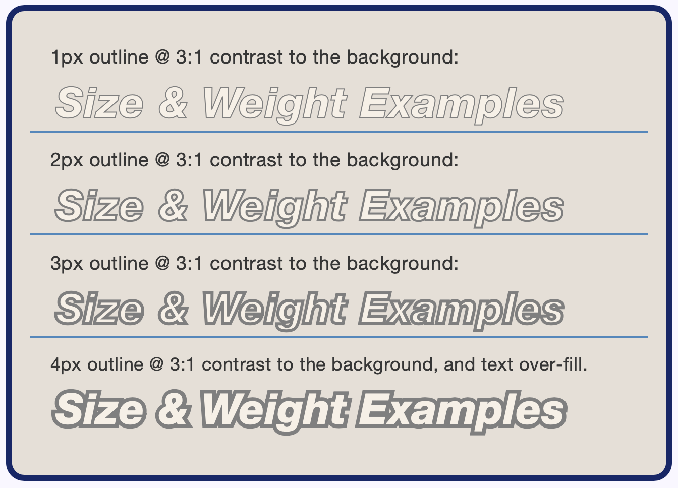 Rows of text with the same colors and 3:1 contrast ration