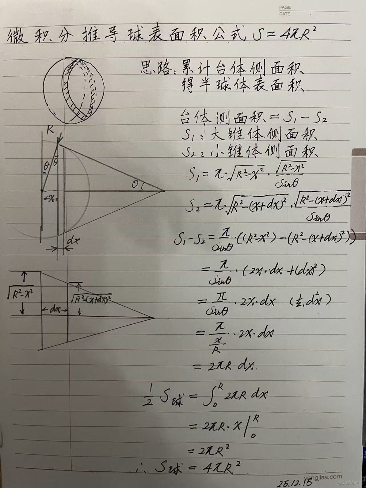 【高中數學/微積分】生推球體表面積公式_球體