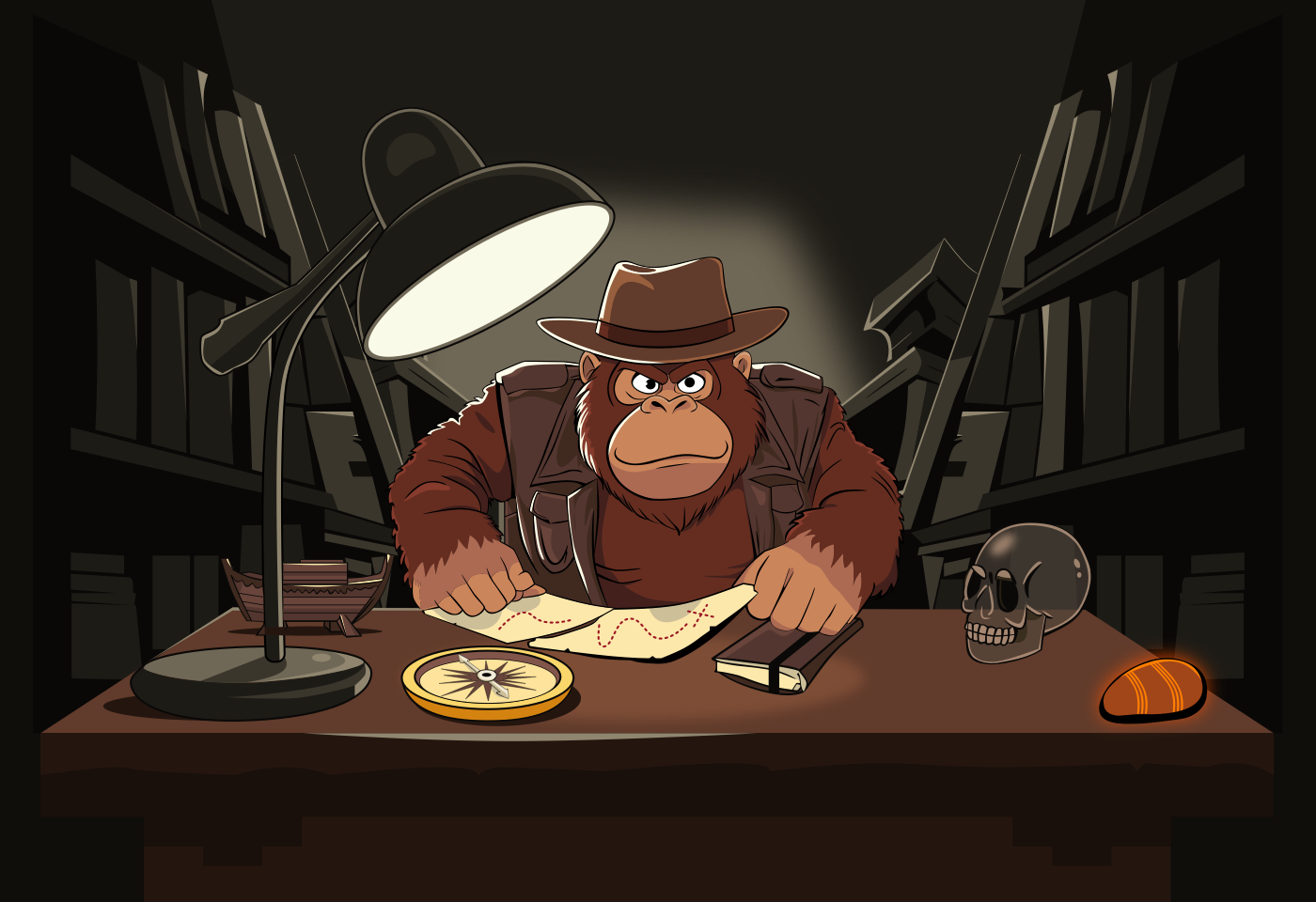 A gorilla dressed as an explorer studies a treasure map at a desk with an elliptical shape effect