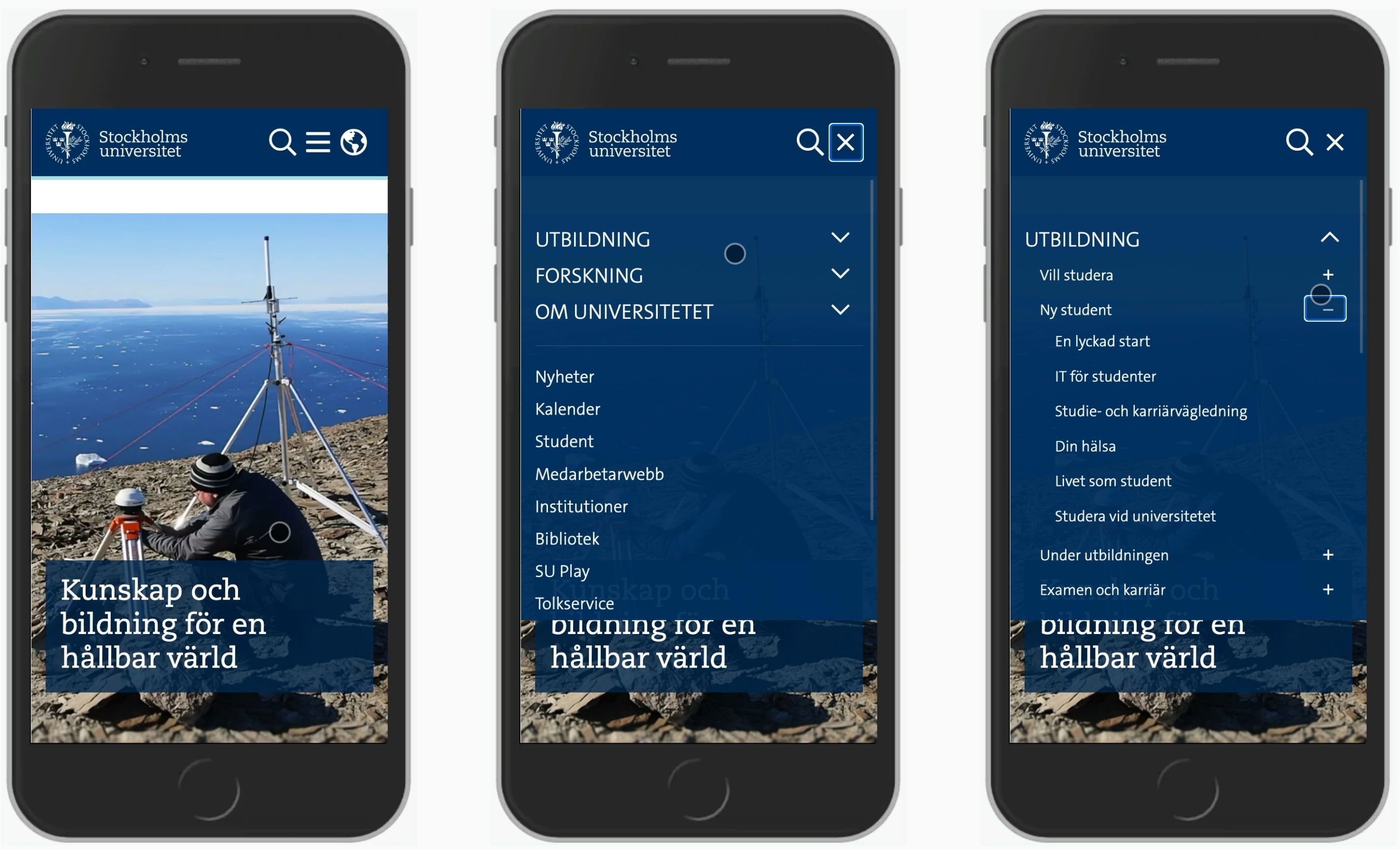 Three mobile views of the Stockholm University website
