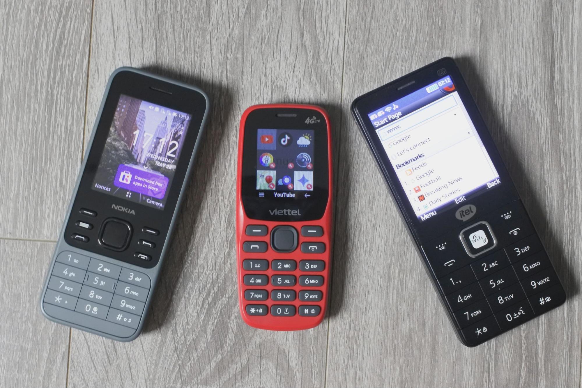 Nokia 6300 4G (KaiOS), Viettel Sumo 4G V1S (Cloud Phone), and Itel Neo R60+ (Opera Mini)