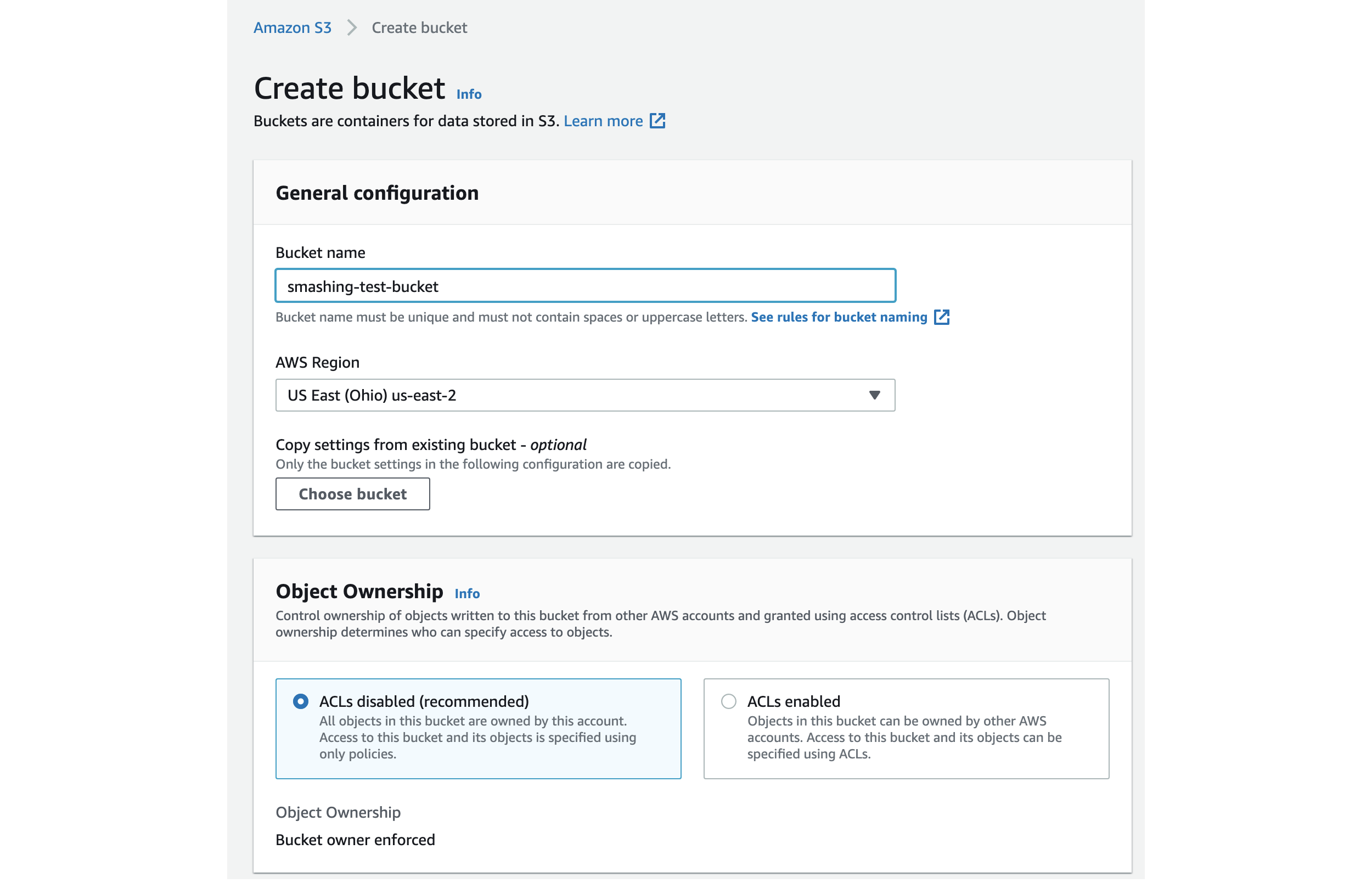 An example of the form you need to fill to create an AWS S3 bucket