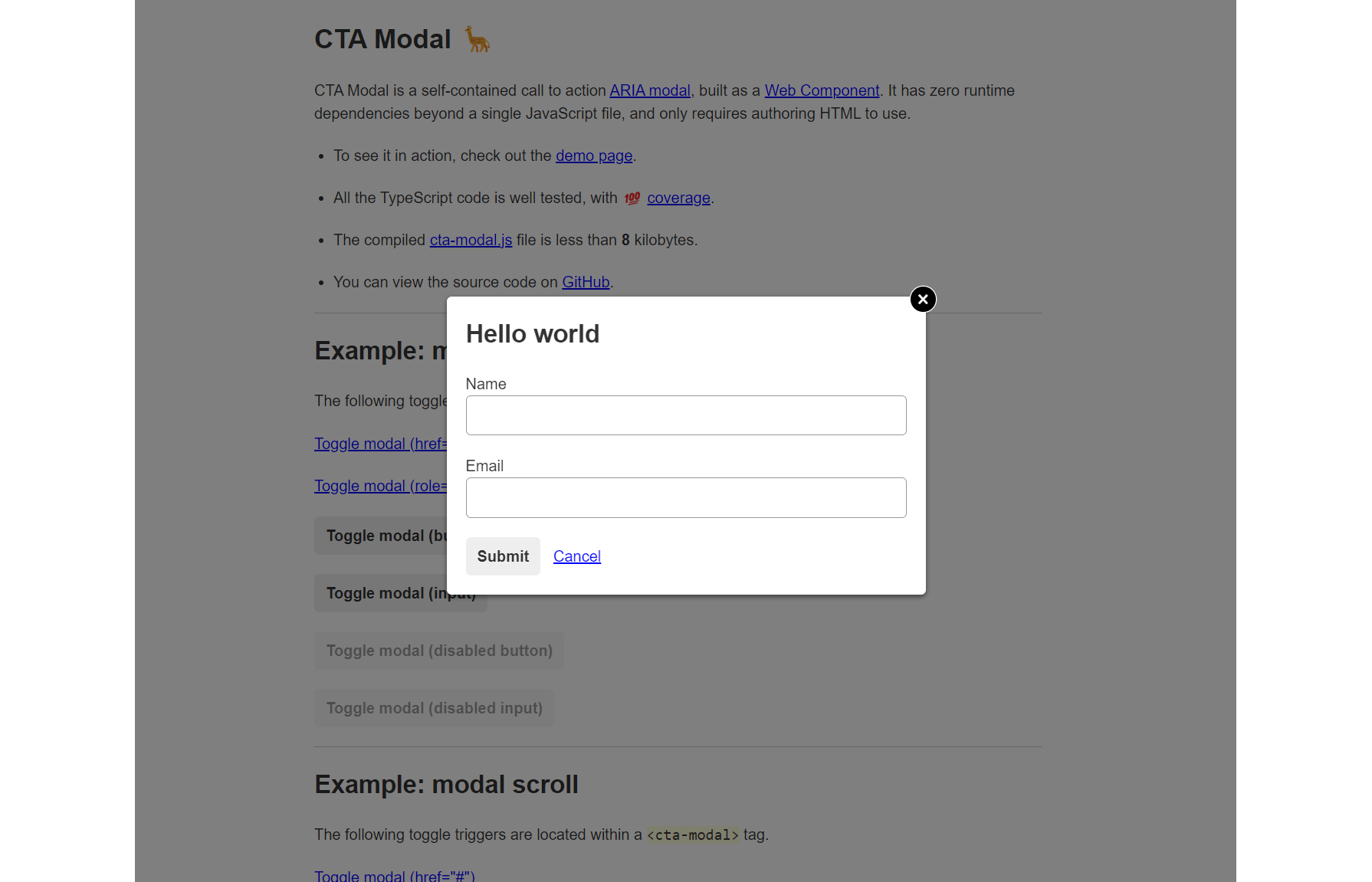 A screenshot of the CTA Modal dialog displaying a form.