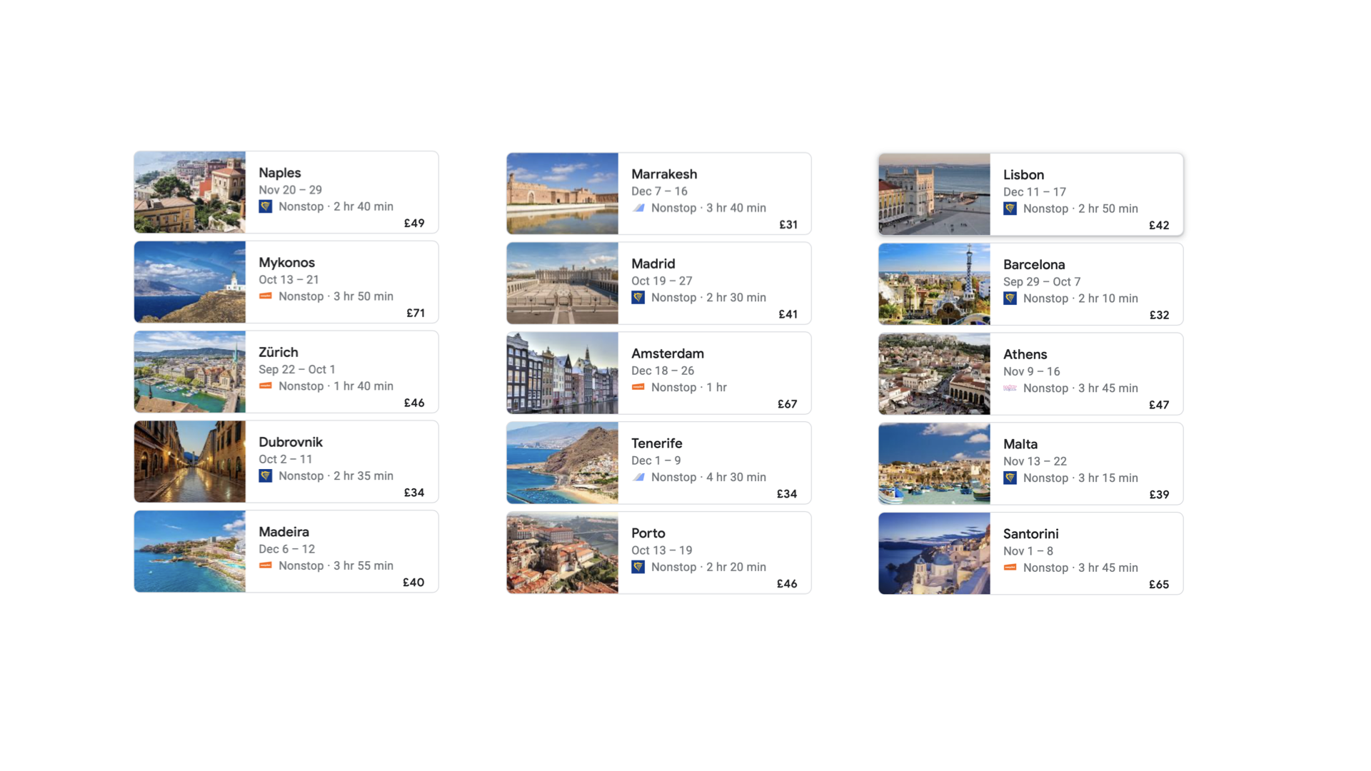 A list of flight prices from Google Flights