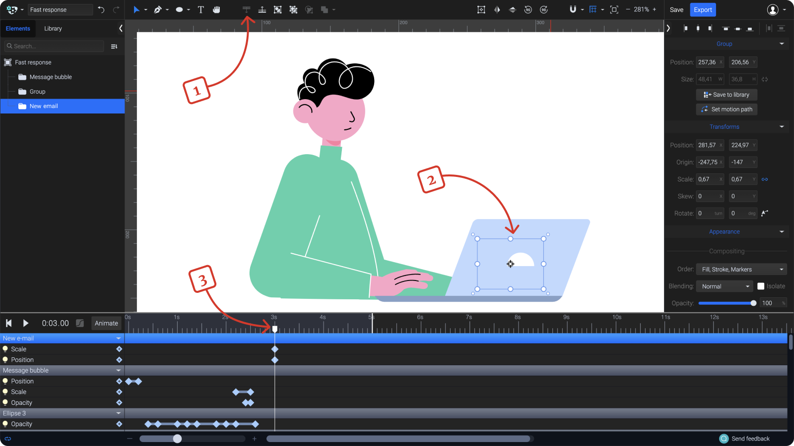 A screenshot showing steps how to animate the new email group.