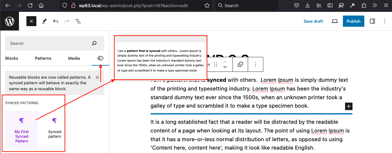 Block inserter showing the saved pattern