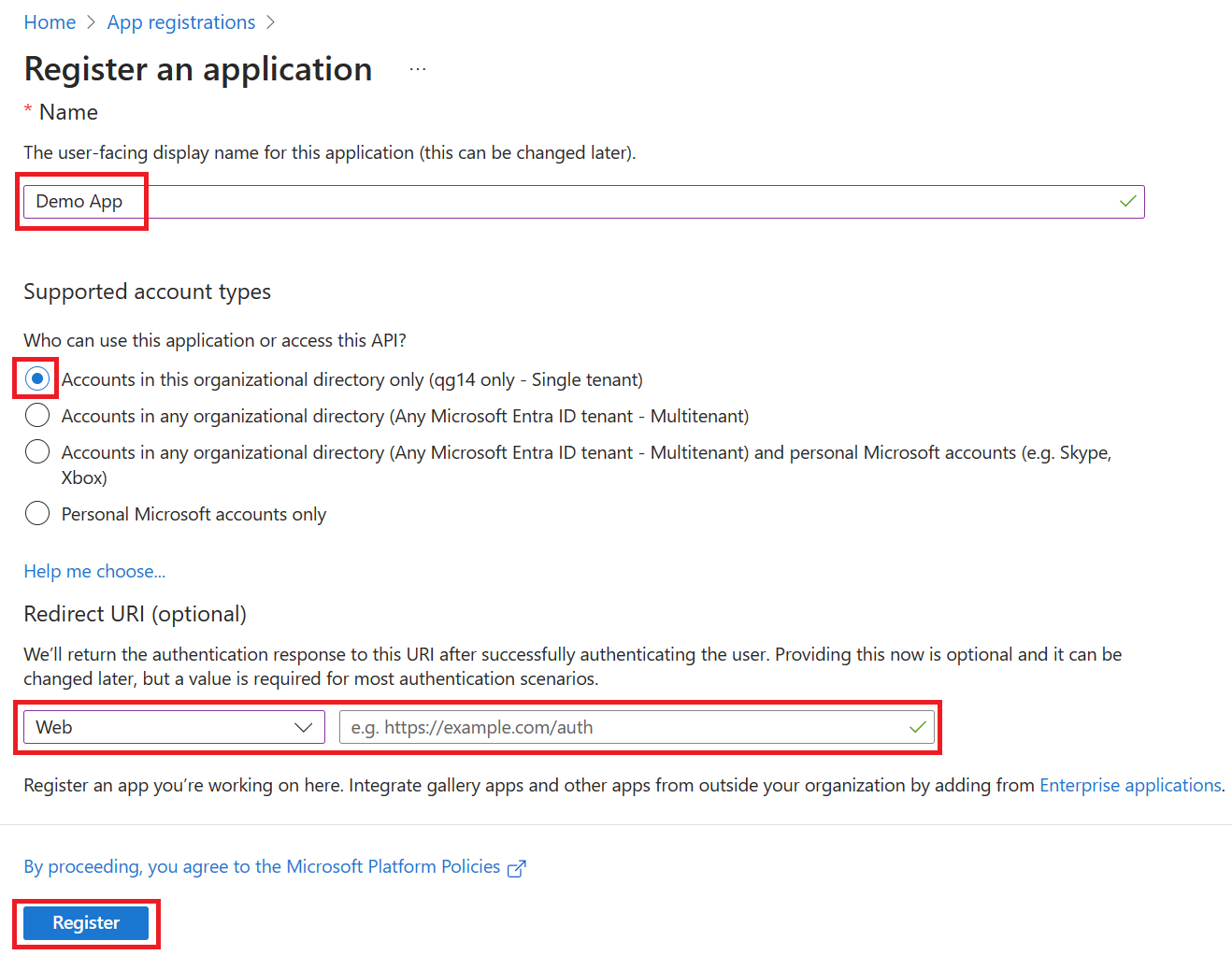 Screenshot of the Register an application screen with the name and default settings highlighted.