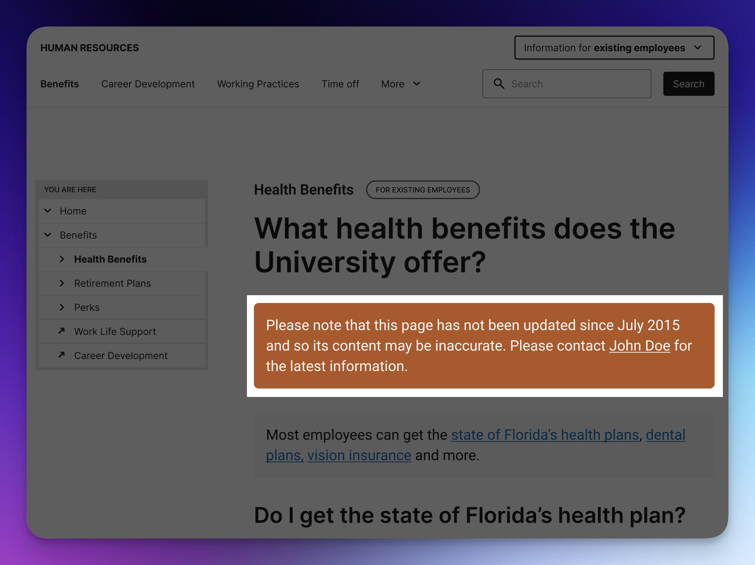 A website page with a banner stating that the content is not up-to-date and containing the page owner’s contact details