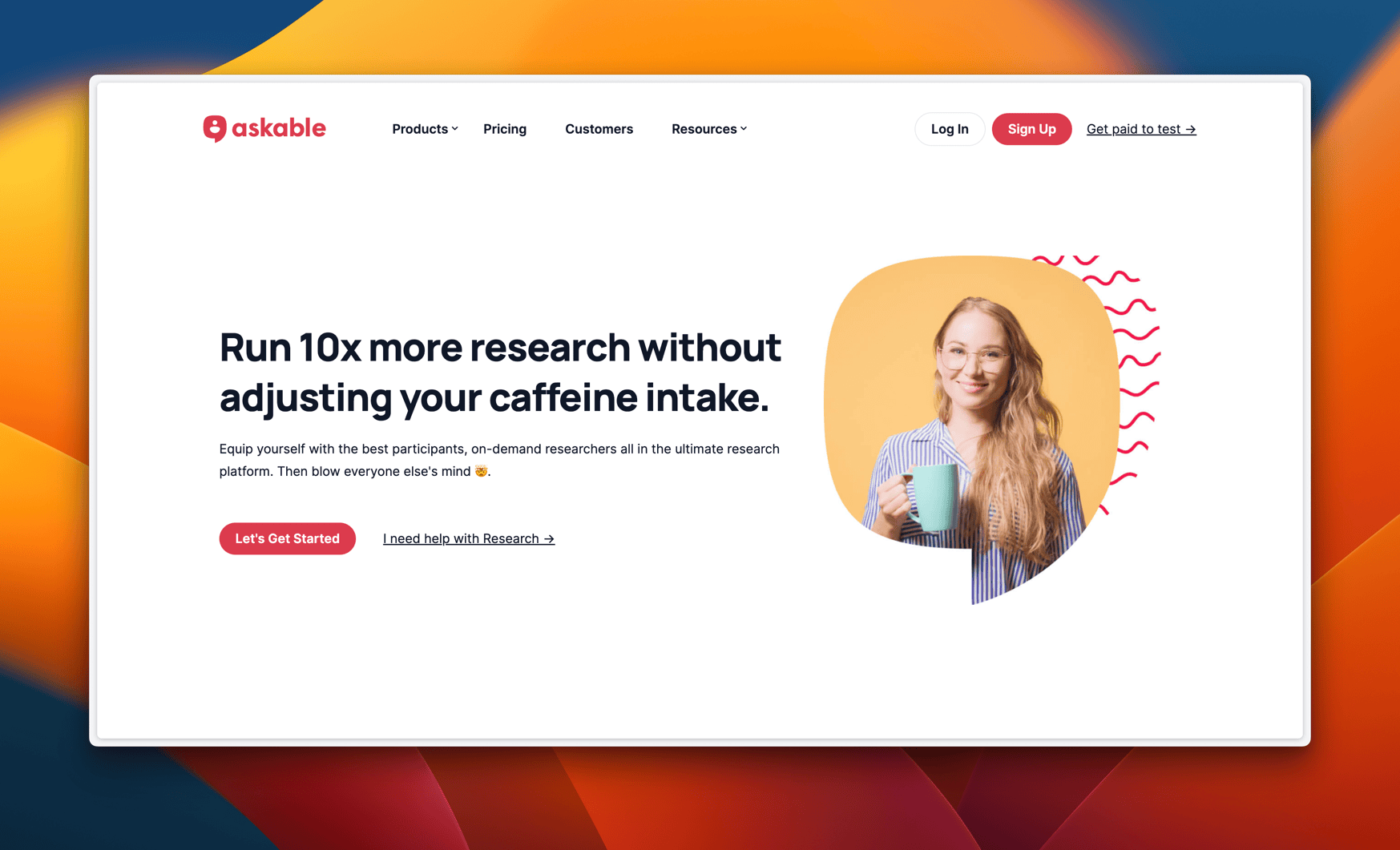 Askable’s homepage: Run 10x more research without adjusting your caffeine intake.
