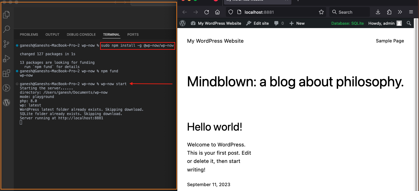 A screenshot with a terminal and a new tab on the right, pointing to the new instance.