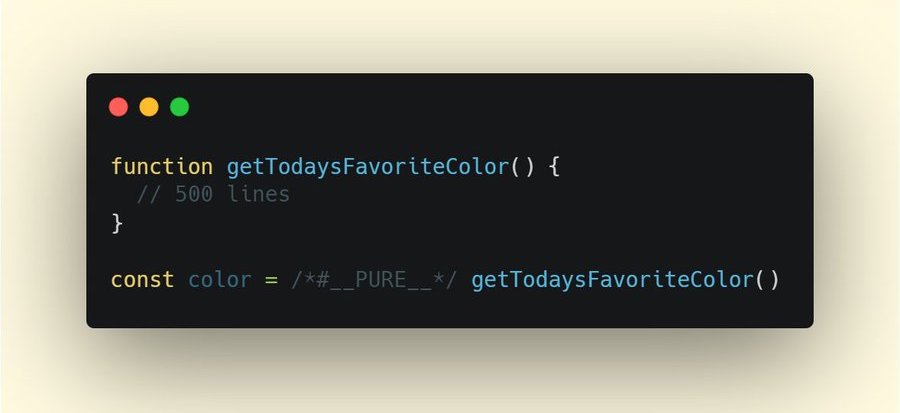 A screenshot of JS code in an editor showing how the PURE function can be used