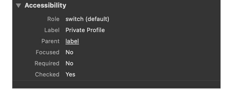 The Accessibility Settings of a switch control is Safari developer tools