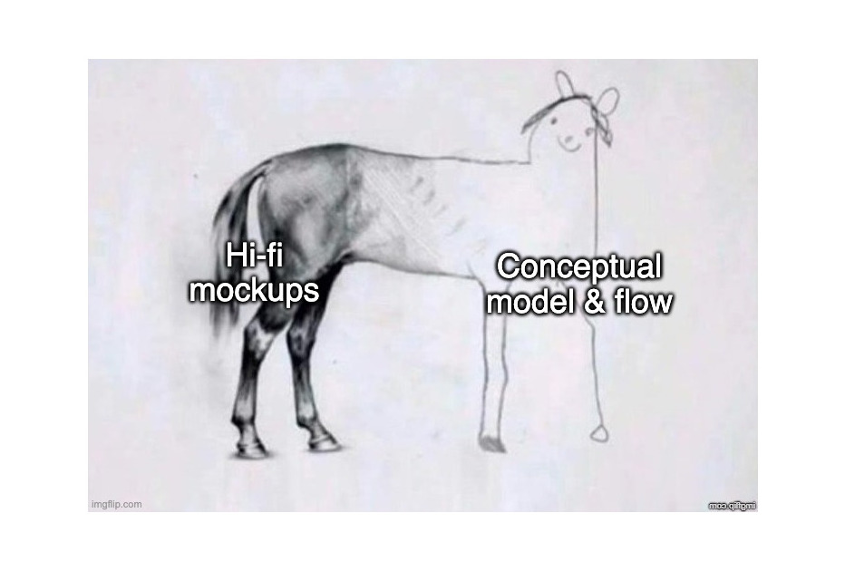 The “horse drawing” meme, where the front is detailed and the back is a simple sketch.