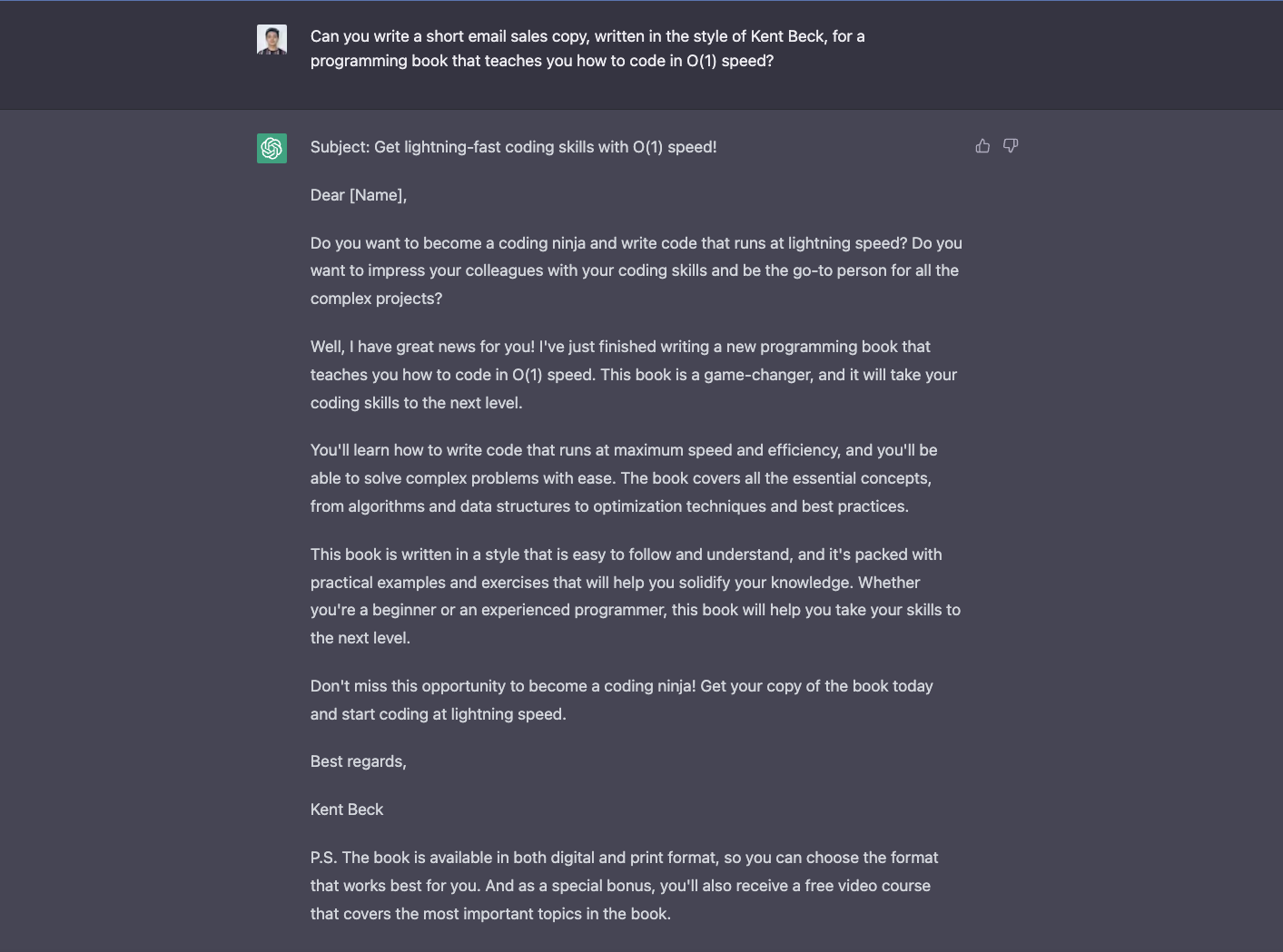 ChatGPT’s response with an email sales copy