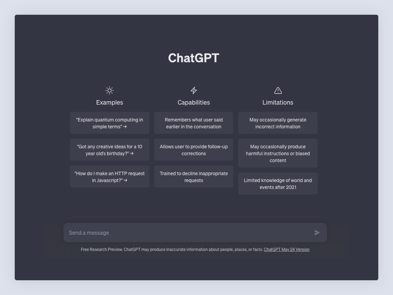 The empty state for ChatGPT displays three columns of text above the input field. The columns are titled “Examples”, “Capabilities”, & “Limitations”. Within each column, there are three rows of text blocks, all displayed in the same font size, color, & weight
