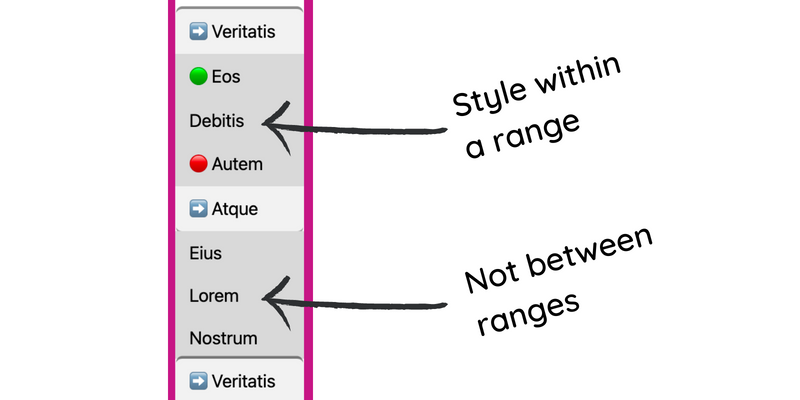 The list of elements previewed has one full range, some elements in between, and the start of another range. The previous selector attempts to apply a background color to elements in a range, but as labels over the image show, the background color applies within the range but also is currently added to items between ranges