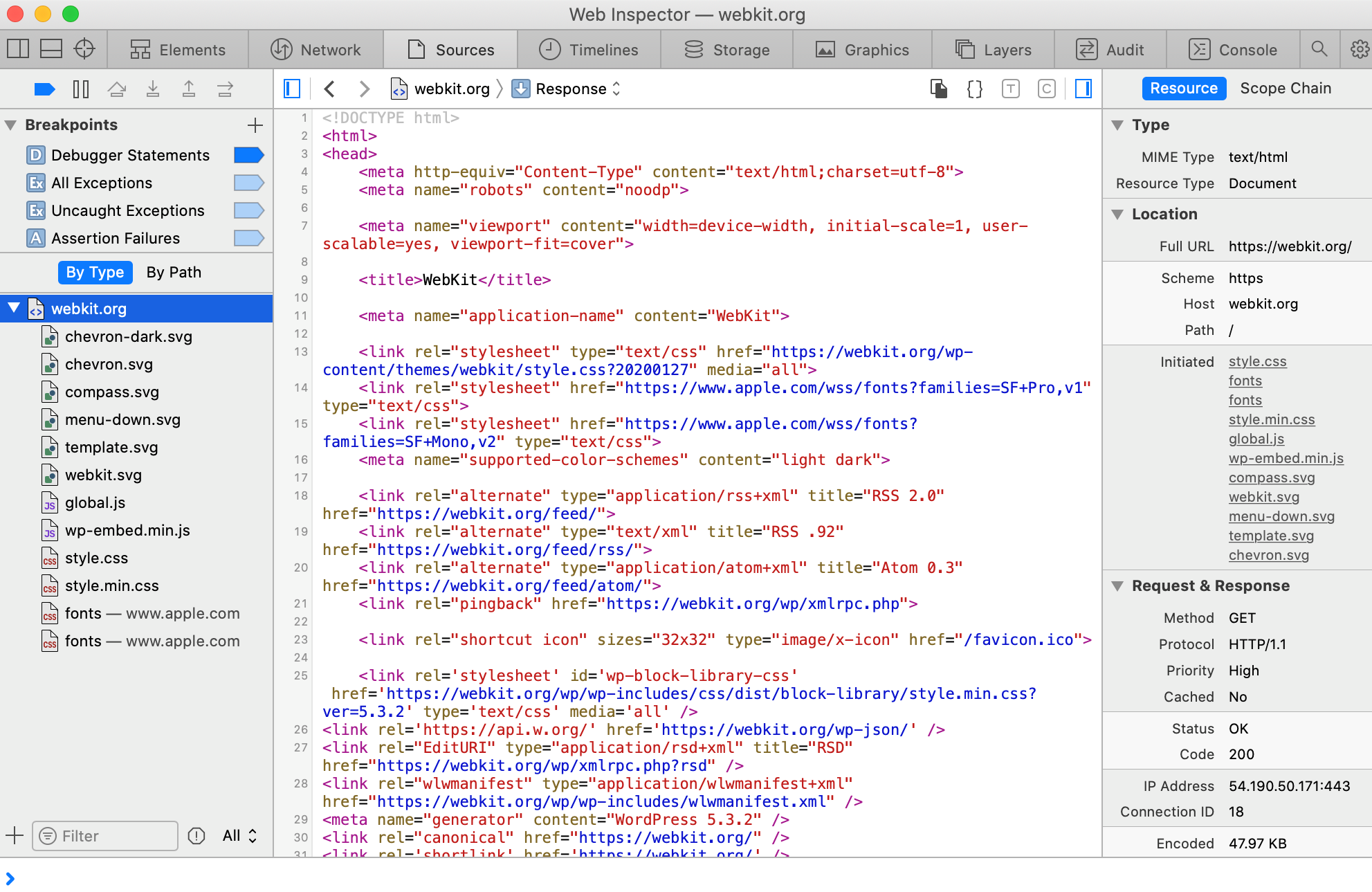 Screenshot of the Sources tab in Safari