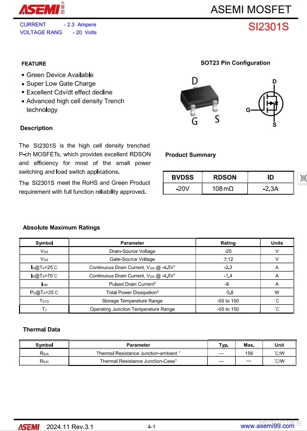 ASEMI低壓MOS管SI2301參數，SI2301體積，SI2301尺寸_工業控制_02