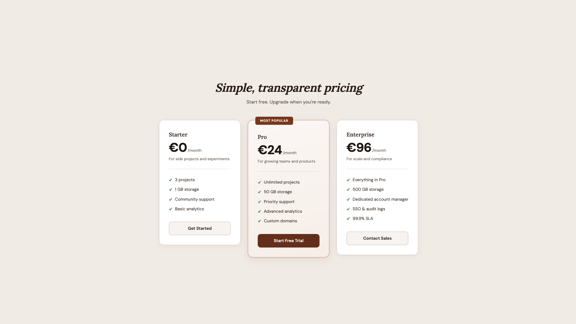 Pricing cards: before