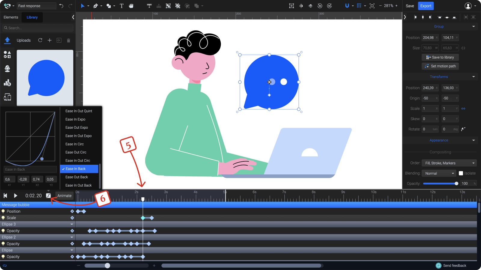 A screenshot showing steps how to animate the message bubble