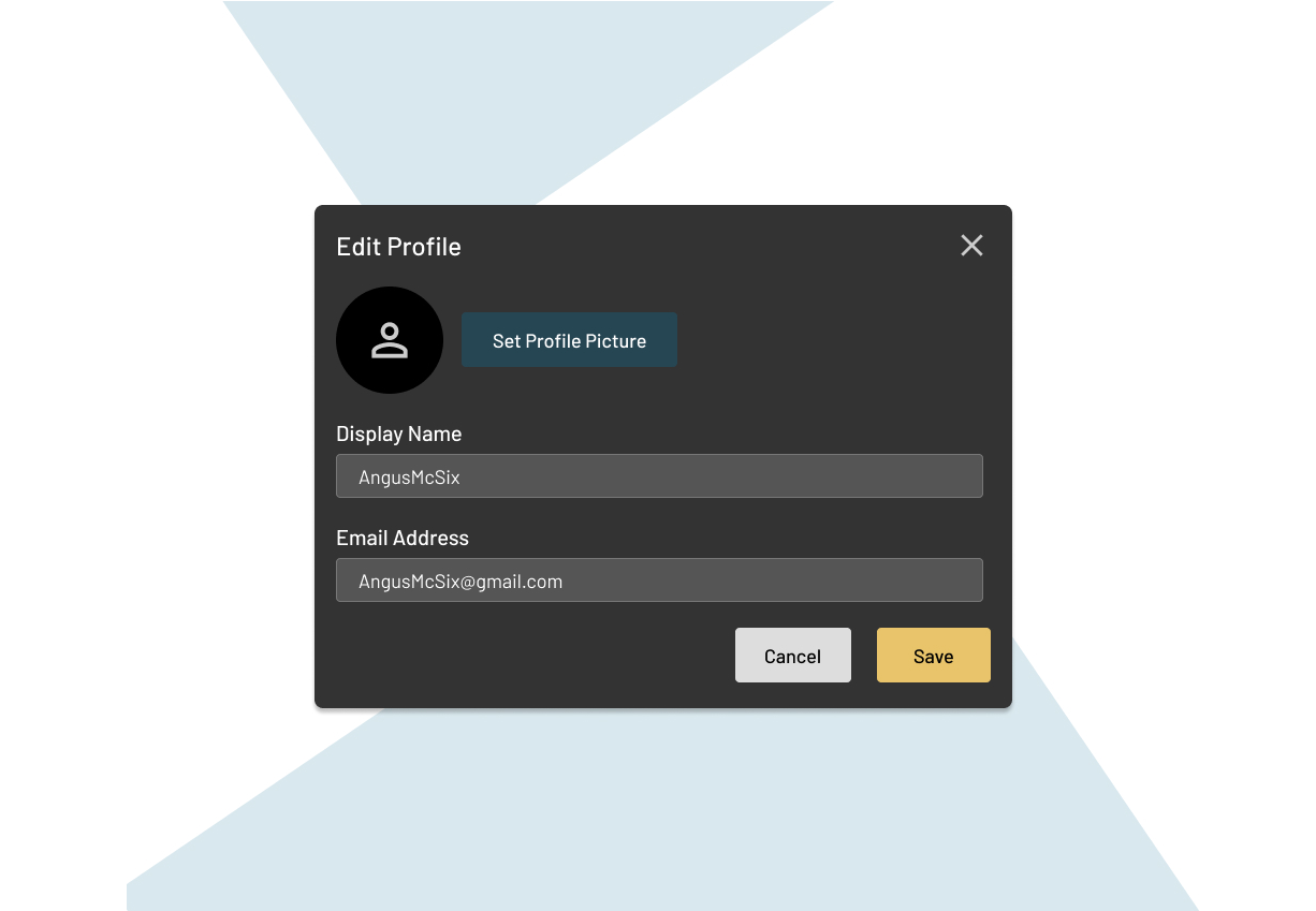 A modal design for editing the display name and email address of a profile