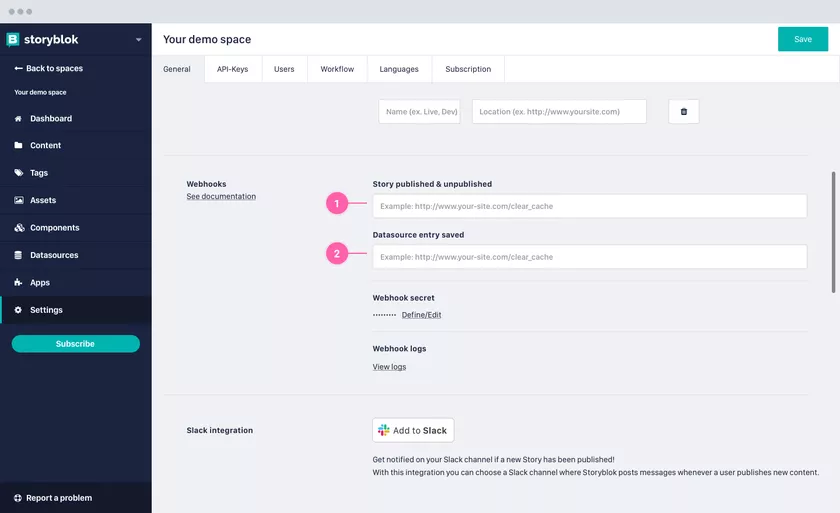 A screenshot from Storyblok website with webhooks