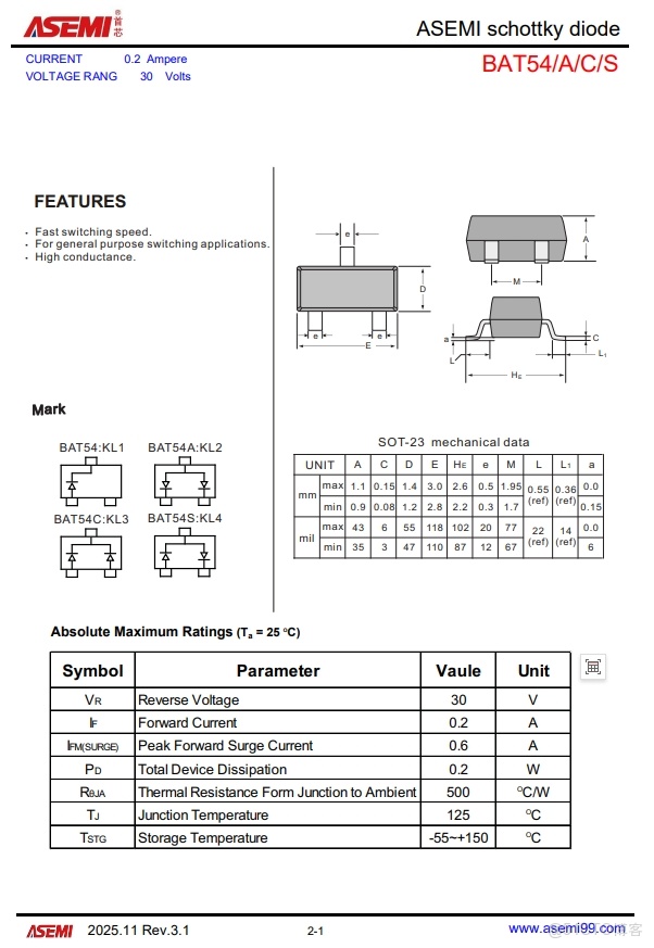 BAT54C-ASEMI可直接替代安世BAT54C_肖特基二極管_02