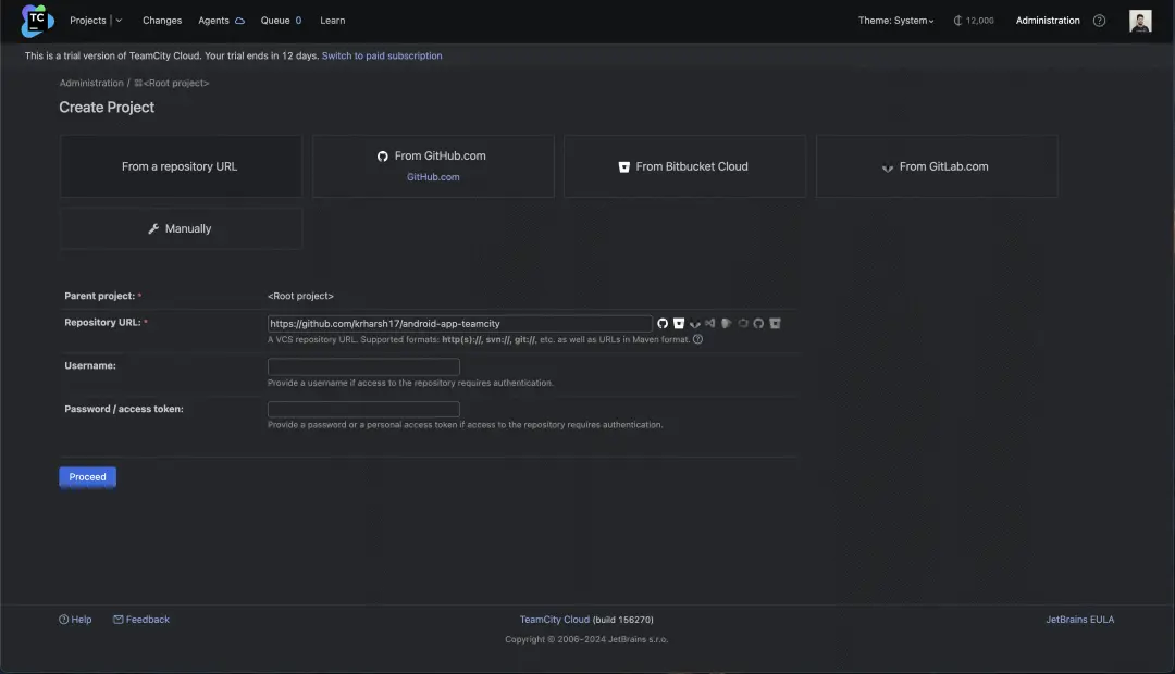 Create Project（創建項目）頁面