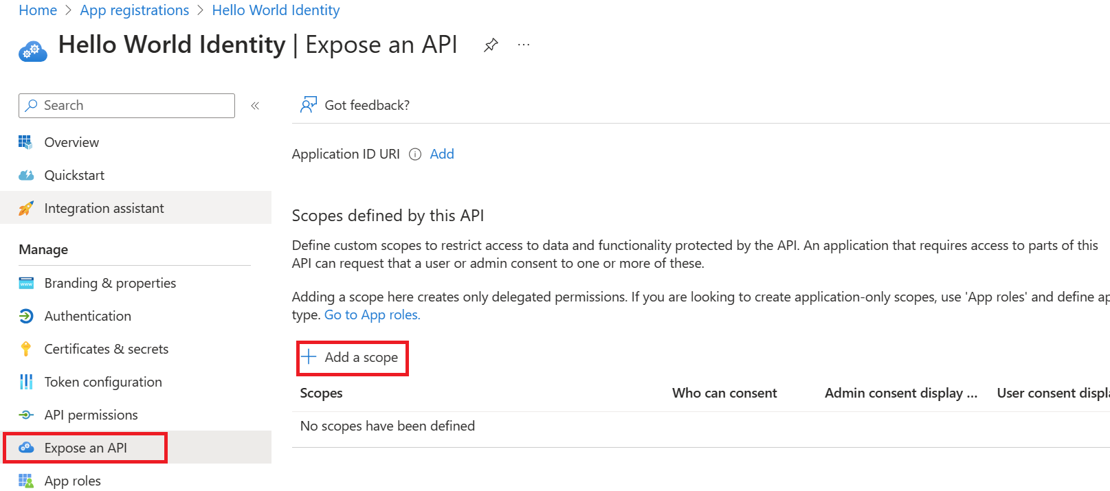 Screenshot of an app registration's Expose an API pane in the Microsoft Entra admin center.