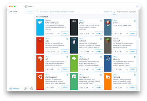 Kitematic screenshot with a cornucopia of Docker images