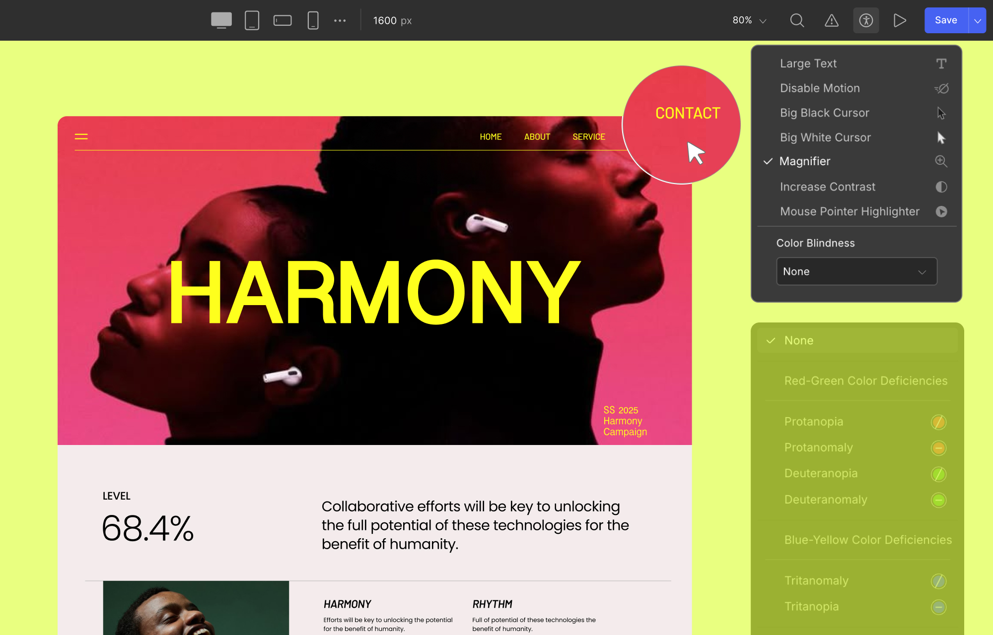 Interface highlighting accessibility settings like magnifier, contrast, etc.