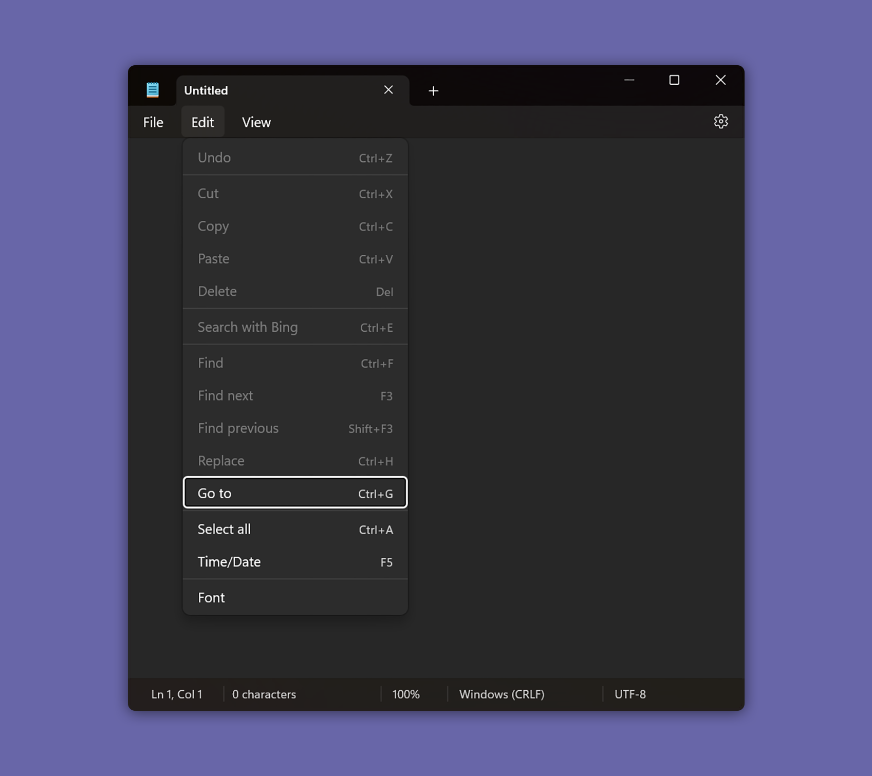 The edit menu option activated on Windows Notepad. It shows a list of menu options, with the option for “Go to” being in focus. Some options are disabled, as there is no content in the Notepad file, nor is there anything on the Windows Clipboard. The other menu options are Undo, Cut, Copy, Paste, Delete, Search with Bing, Find, Find Next, Find Previous, Replace, Select All, Time/Date, and Font. Screenshot.